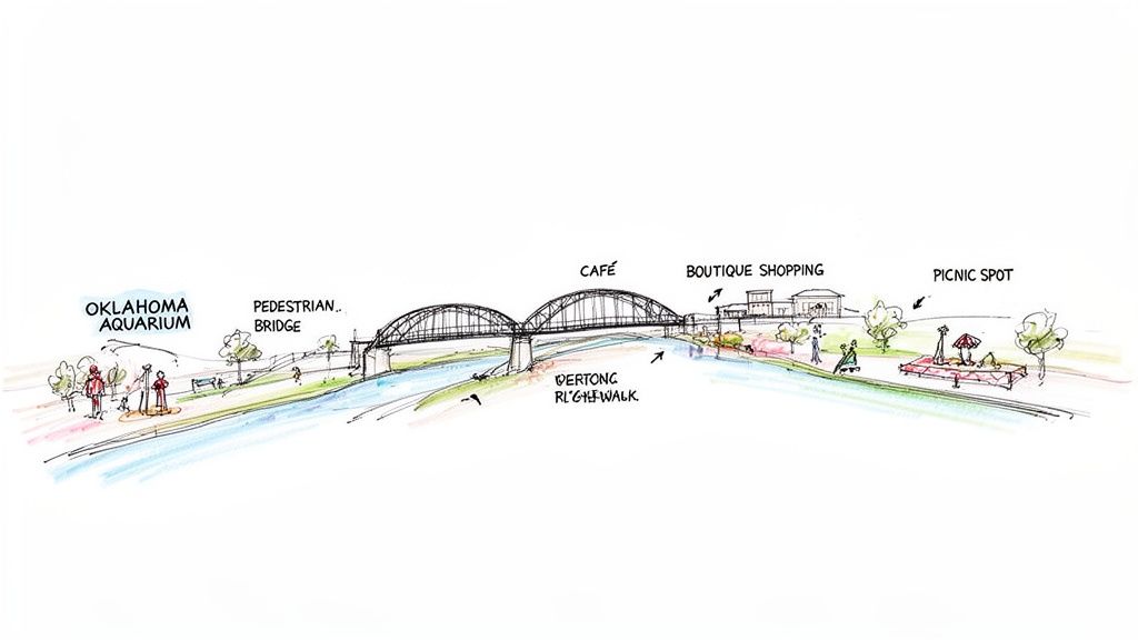 Conceptual sketch of a riverwalk featuring an aquarium, pedestrian bridge, cafe, boutique shopping, and picnic spot.
