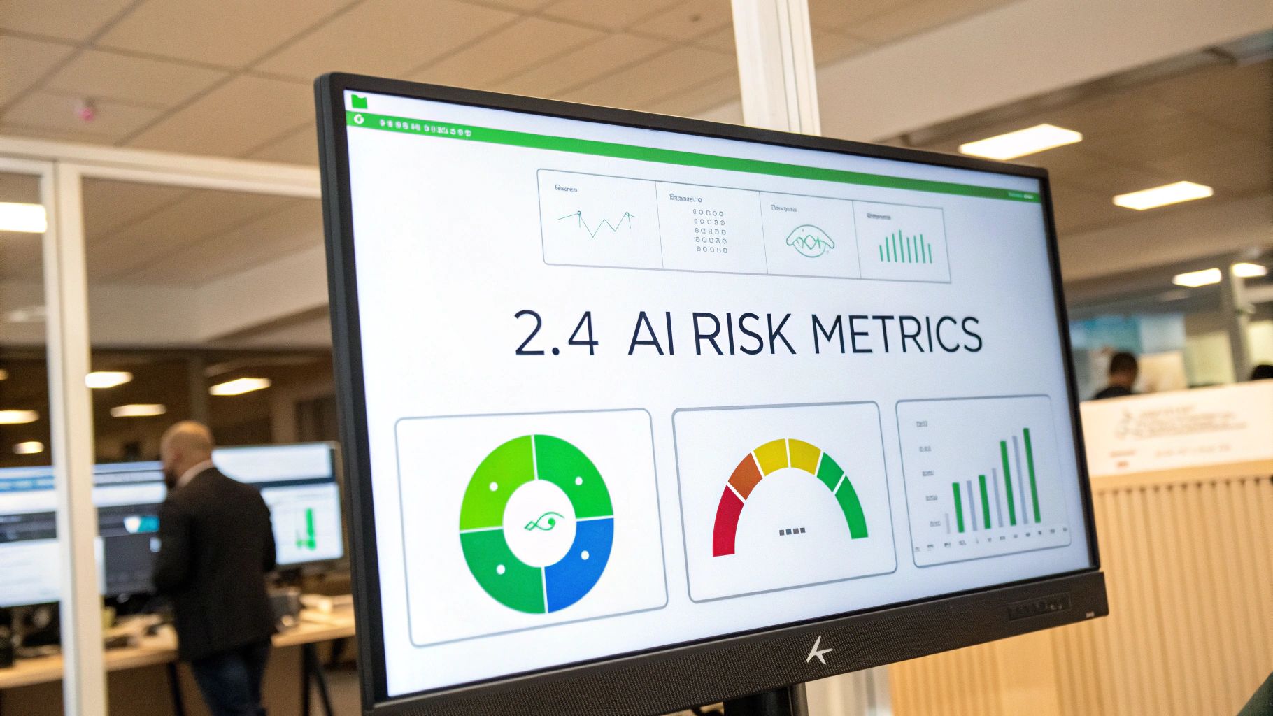 A computer monitor displays an AI risk metrics dashboard with charts and graphs in an office.