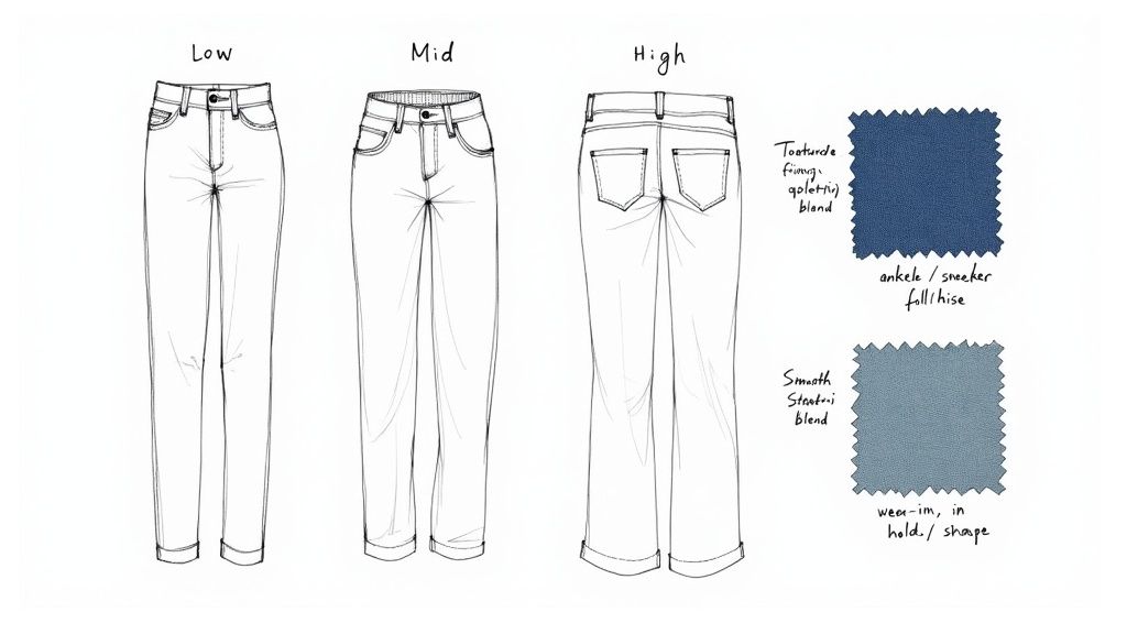 Illustration comparing low, mid, and high-rise jeans with fabric blend swatches and descriptions.