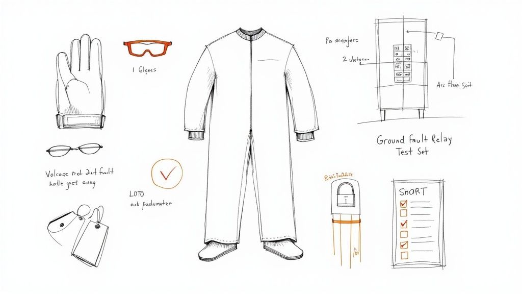 Hand-drawn illustrations of electrical safety equipment, arc flash suit, and ground fault relay test setup.