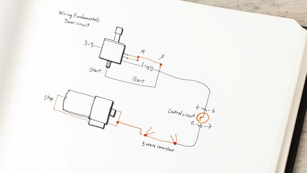 A hand-drawn circuit diagram illustrates a 'Wiring Fundamentals Tower circuit' with start, stop, and control circuit components.