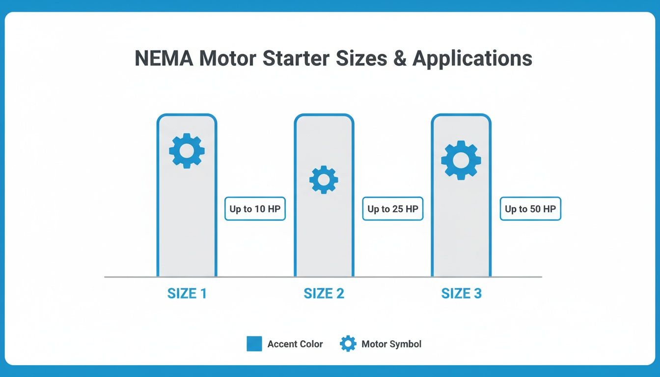 NEMA motor starter sizing chart illustrating horsepower applications for Size 1, Size 2, and Size 3.