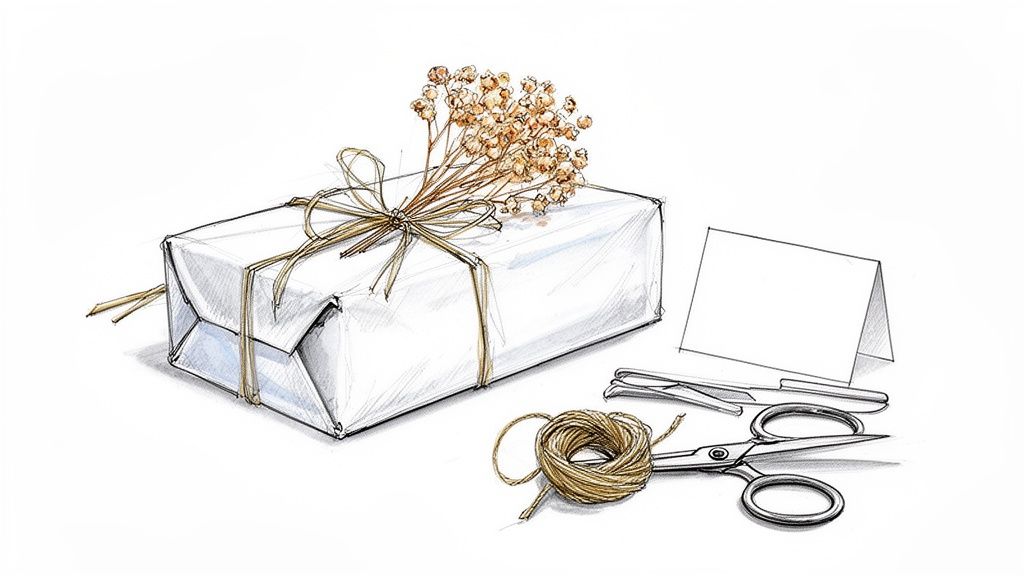 A hand-drawn sketch of a white wrapped gift, dried flowers, twine, scissors, and a blank card.