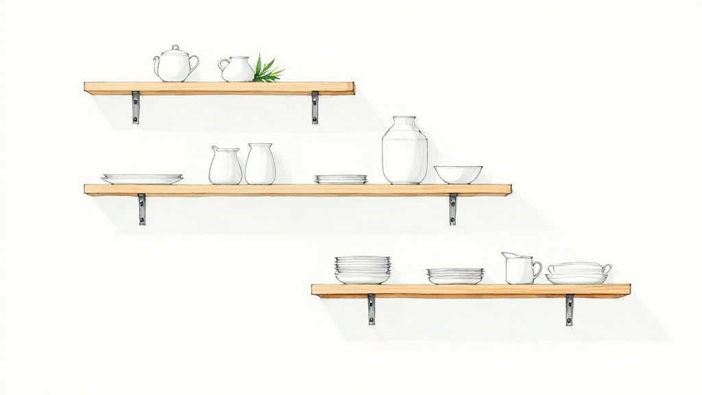 Three wooden shelves display white ceramic kitchenware and a small plant against a white wall.