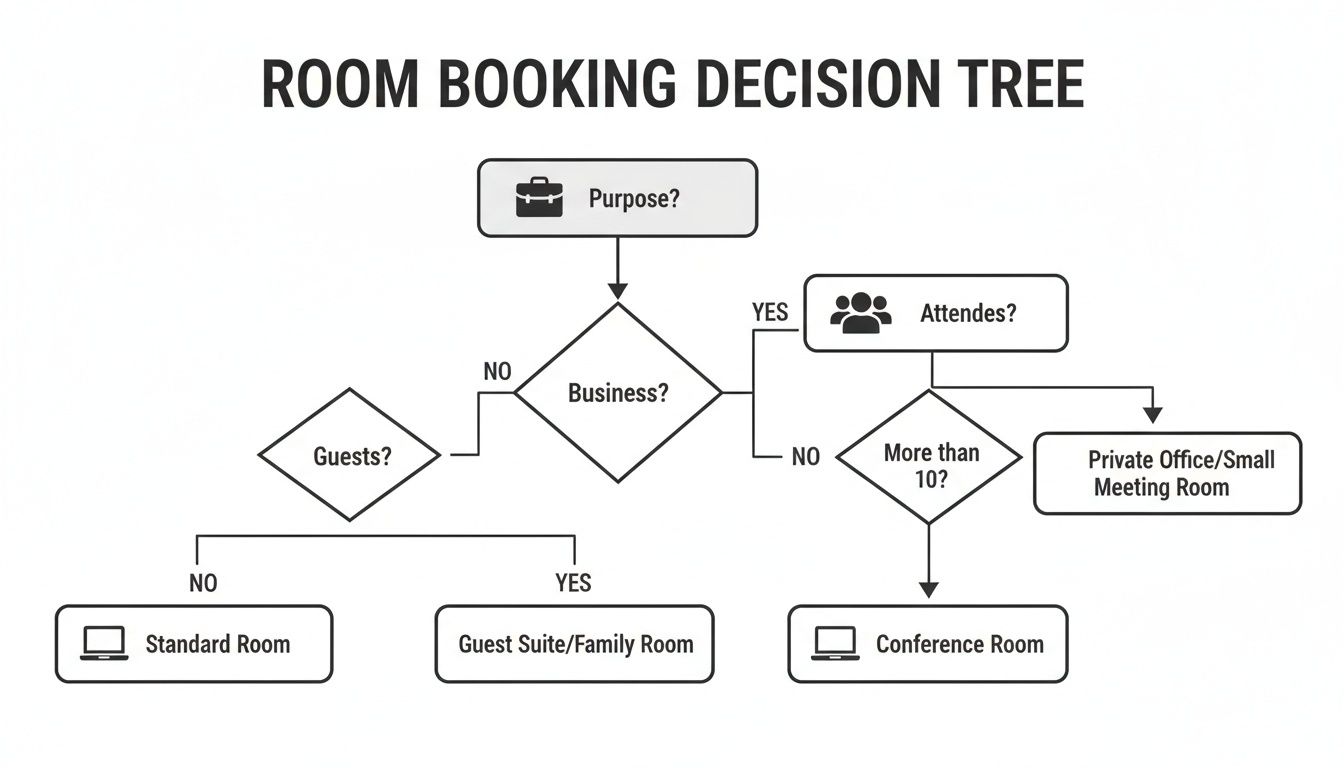 A flowchart illustrating a room booking decision tree, guiding users to select room types based on purpose, guests, or attendees.