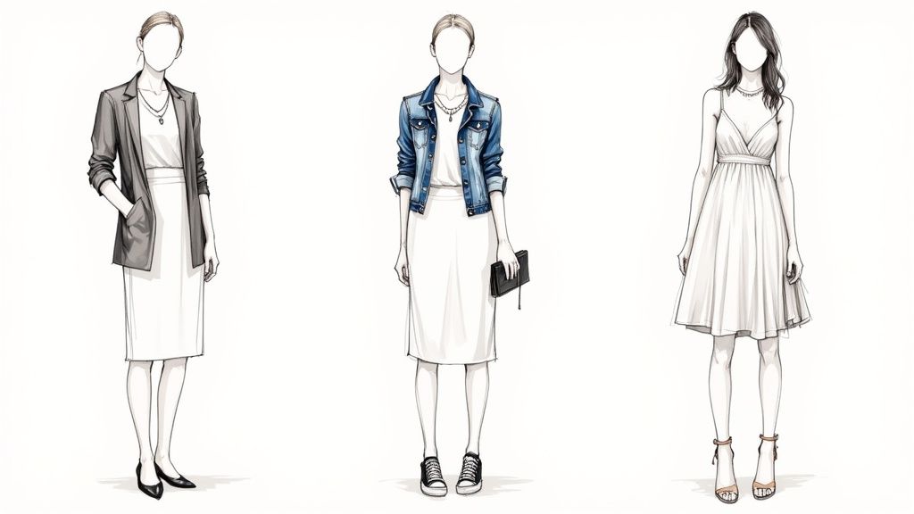 Three fashion sketch illustrations showing white dress styling options with blazer, denim jacket, and elegant heels