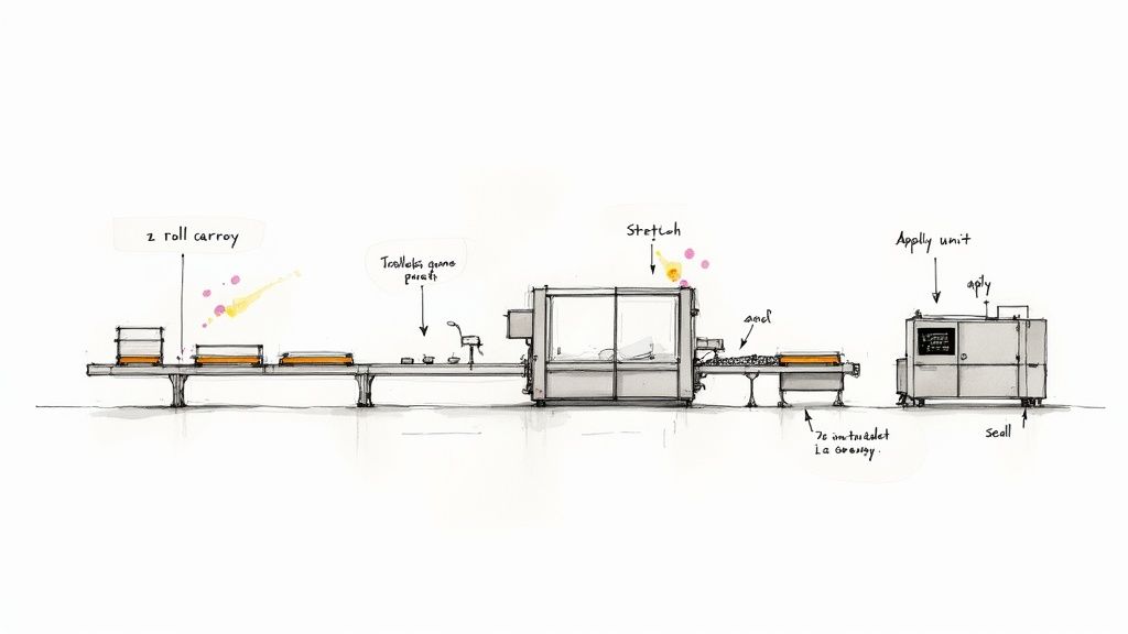 A sketch of an industrial production line showing steps like stretching, sealing, and applying.