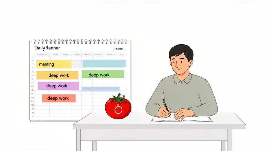 An illustration of a person planning their day with deep work blocks and a Pomodoro timer.