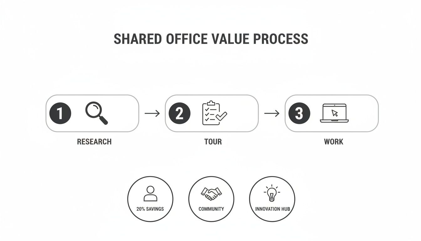 Diagram illustrating the shared office value process: research, tour, work, offering savings, community, and innovation.