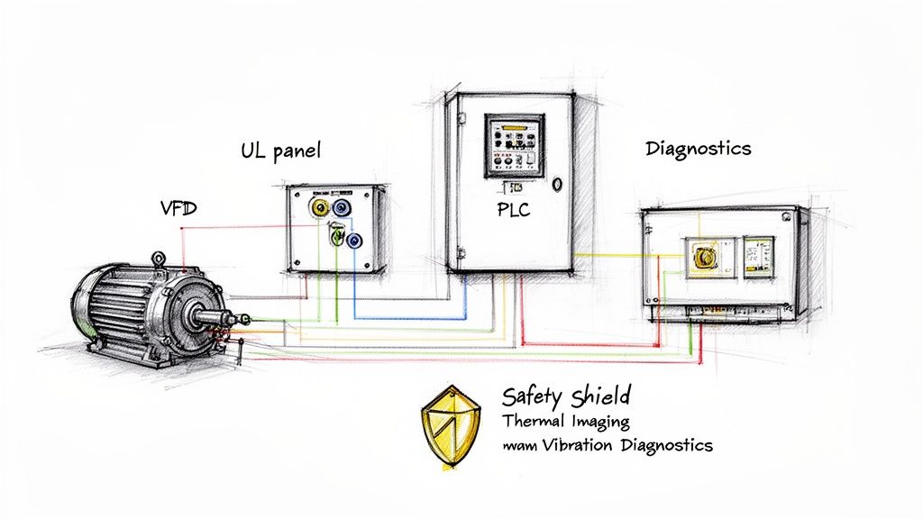 Sketch diagram of an electric motor connected to a VFD, control panels, and diagnostics for safety.