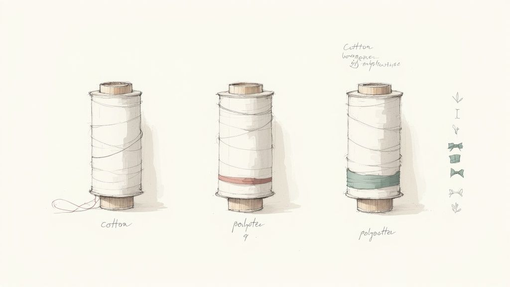 Hand-drawn illustration shows three thread spools: cotton, polyester with a red band, and polyester with a green band.