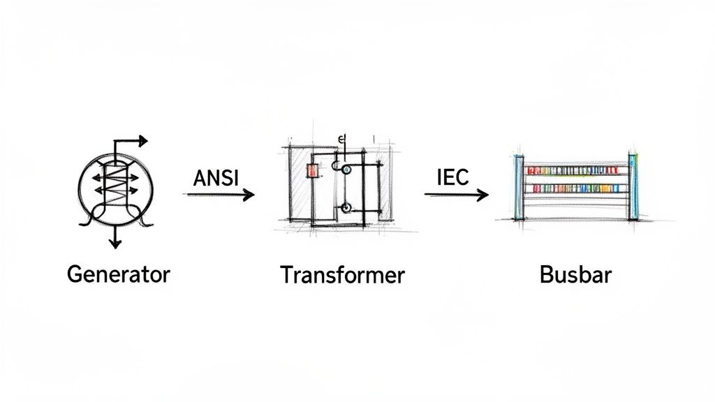 Electrical symbols for generator, transformer, and busbar following ANSI and IEC standards.