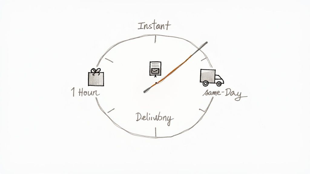 A sketch of a delivery speed dial, showing options like 1 Hour, Instant, and same-Day with icons.