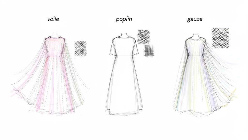 Fashion sketches illustrating three dress styles and fabric textures: voile, poplin, and gauze.