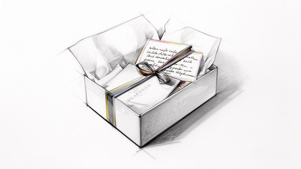 Detailed pencil sketch of an open gift box containing cards, tissue paper, and a colorful ribbon.