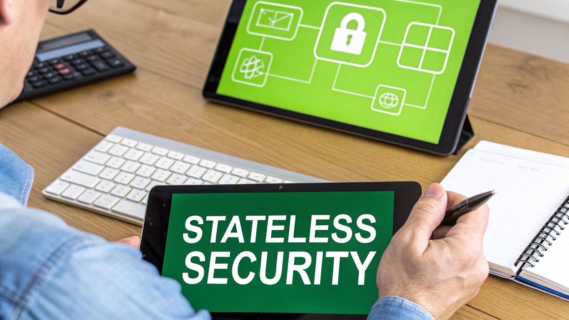 A person holding a tablet displaying 'Stateless Security' with another tablet showing security icons.