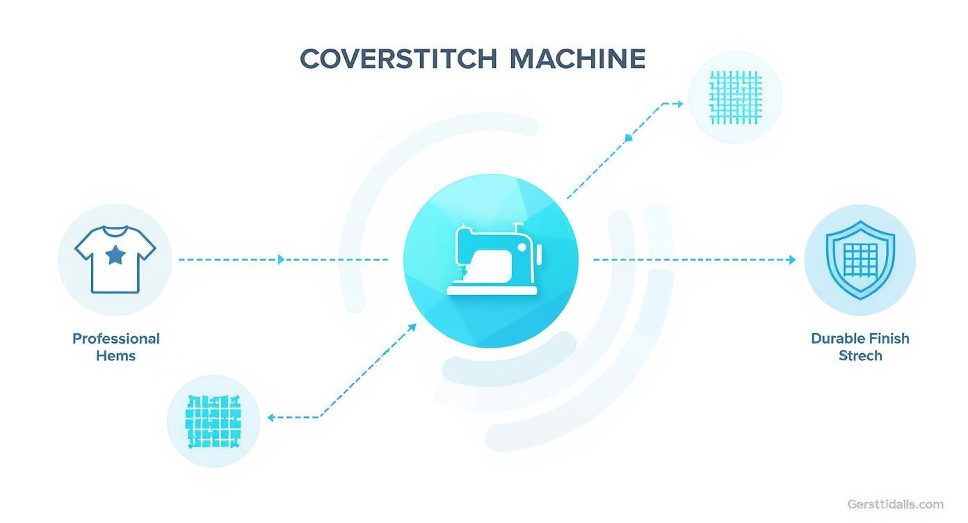Diagram illustrating a coverstitch machine's capabilities for professional hems and durable stretch finishes.