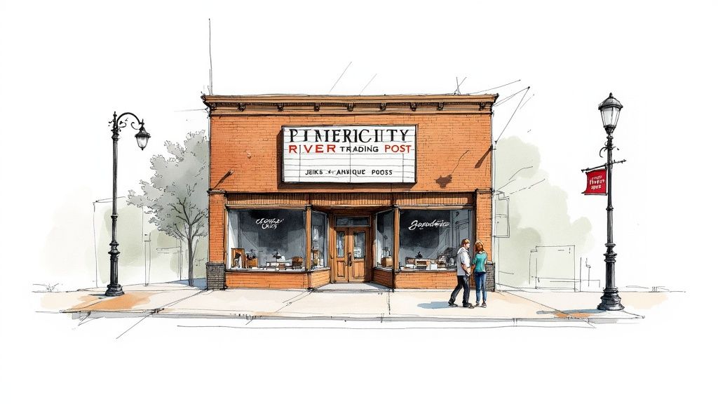 A collection of unique antique items displayed inside River City Trading Post in Jenks