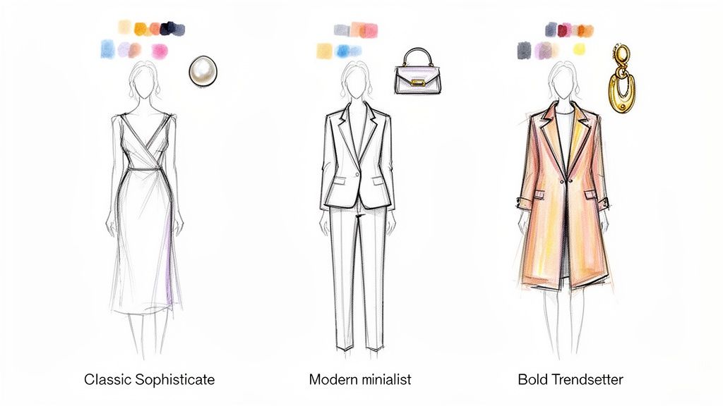 Three fashion style sketches: Classic Sophisticate, Modern Minimalist, and Bold Trendsetter with accessories and color palettes.