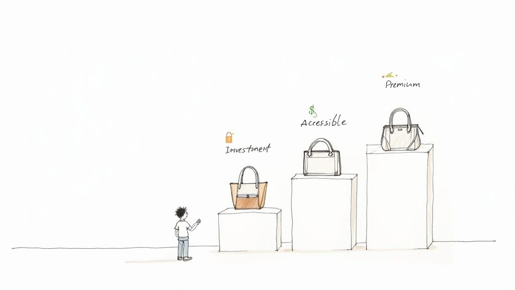 Illustration of a person viewing three handbags on pedestals, categorized as Investment, Accessible, and Premium.