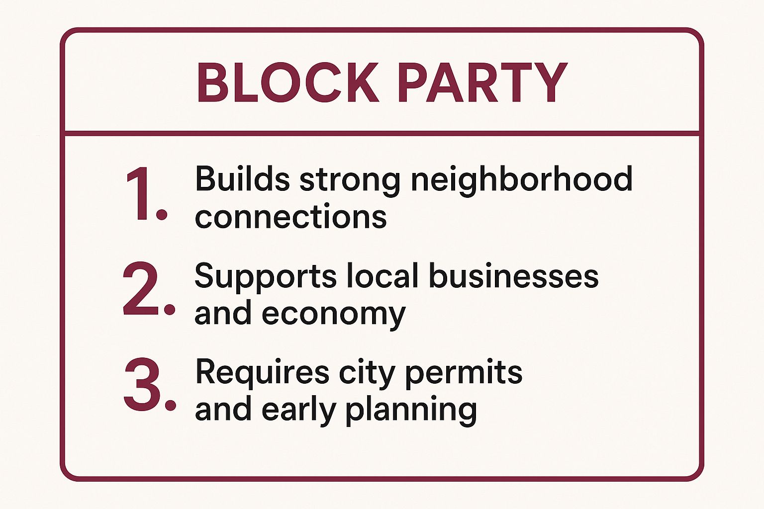 Jenks! Sign for "Block Party" with three points: Builds neighborhood connections, supports local business, and requires permits and planning.
