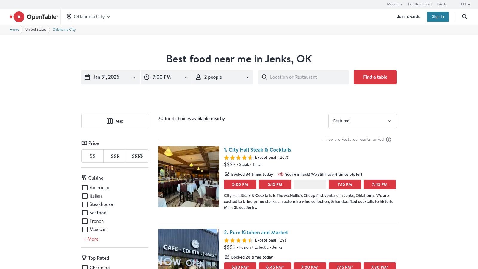OpenTable – Jenks/Tulsa area reservations