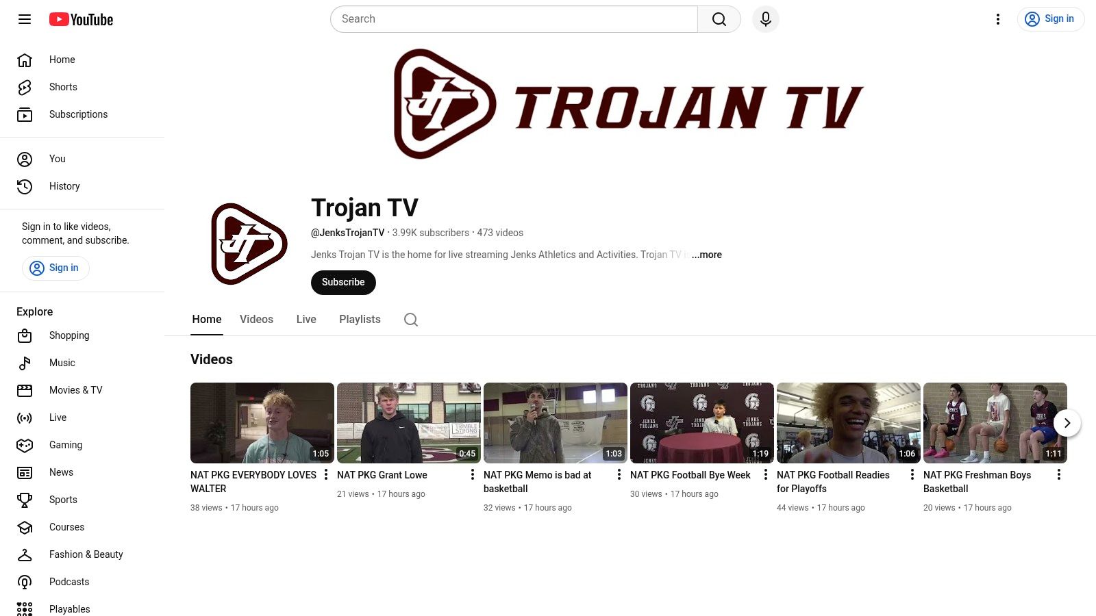 Trojan TV (Jenks’ YouTube streaming channel)