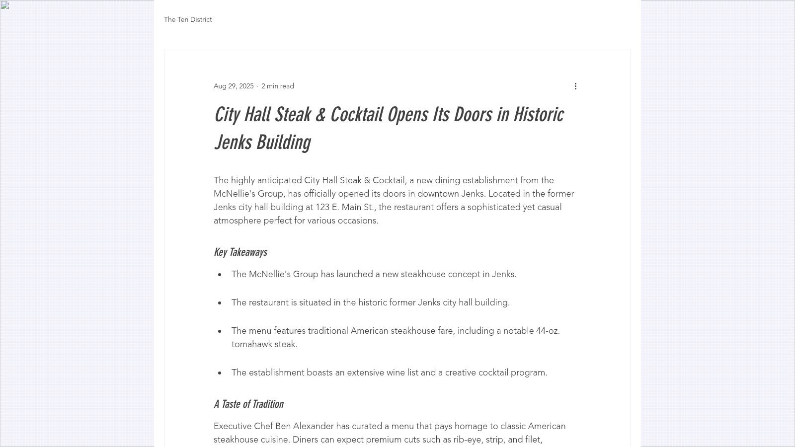 City Hall Steak &amp; Cocktail Opens Its Doors in Historic Jenks Building