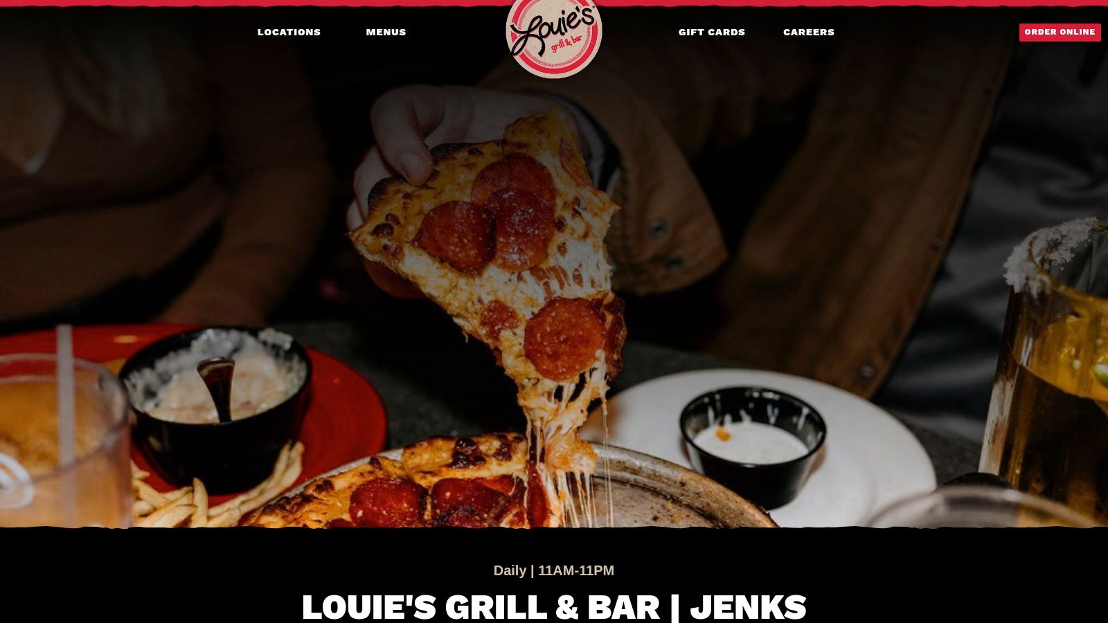 A delicious-looking pepperoni pizza from Louie's Grill &amp; Bar, perfect for happy hour.