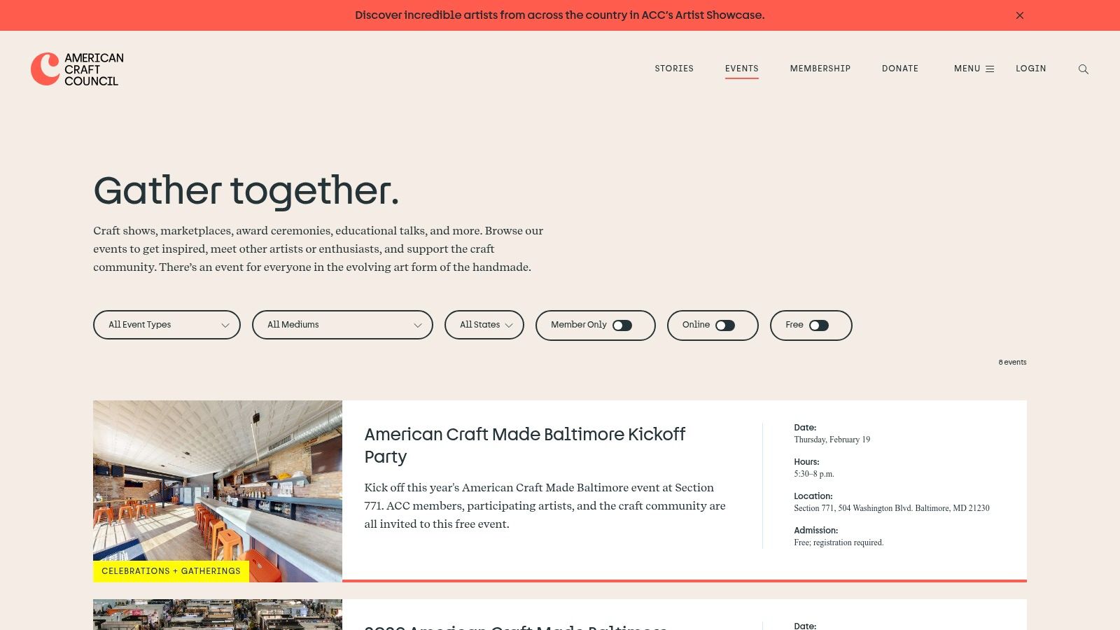 A screenshot of the American Craft Council (ACC) website showing its 'Craft Happenings' event calendar with various craft-focused events listed.