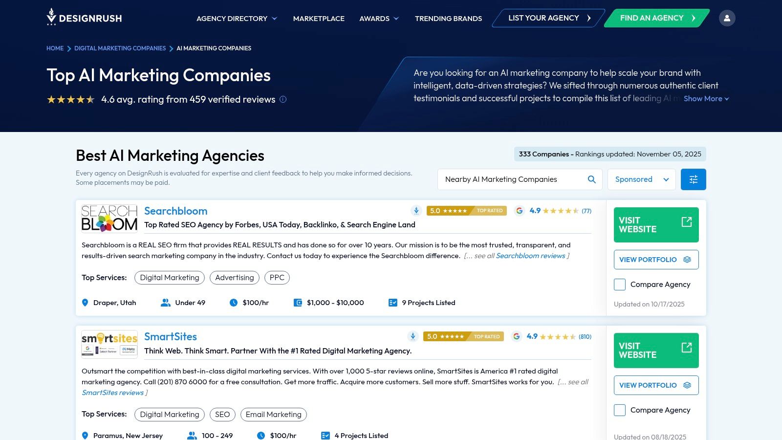 DesignRush comparison interface