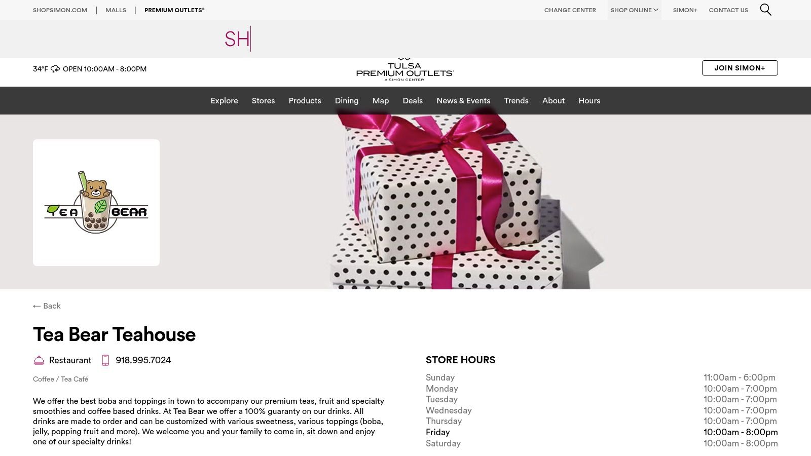 Tea Bear Teahouse — Simon store page (boba/tea café)