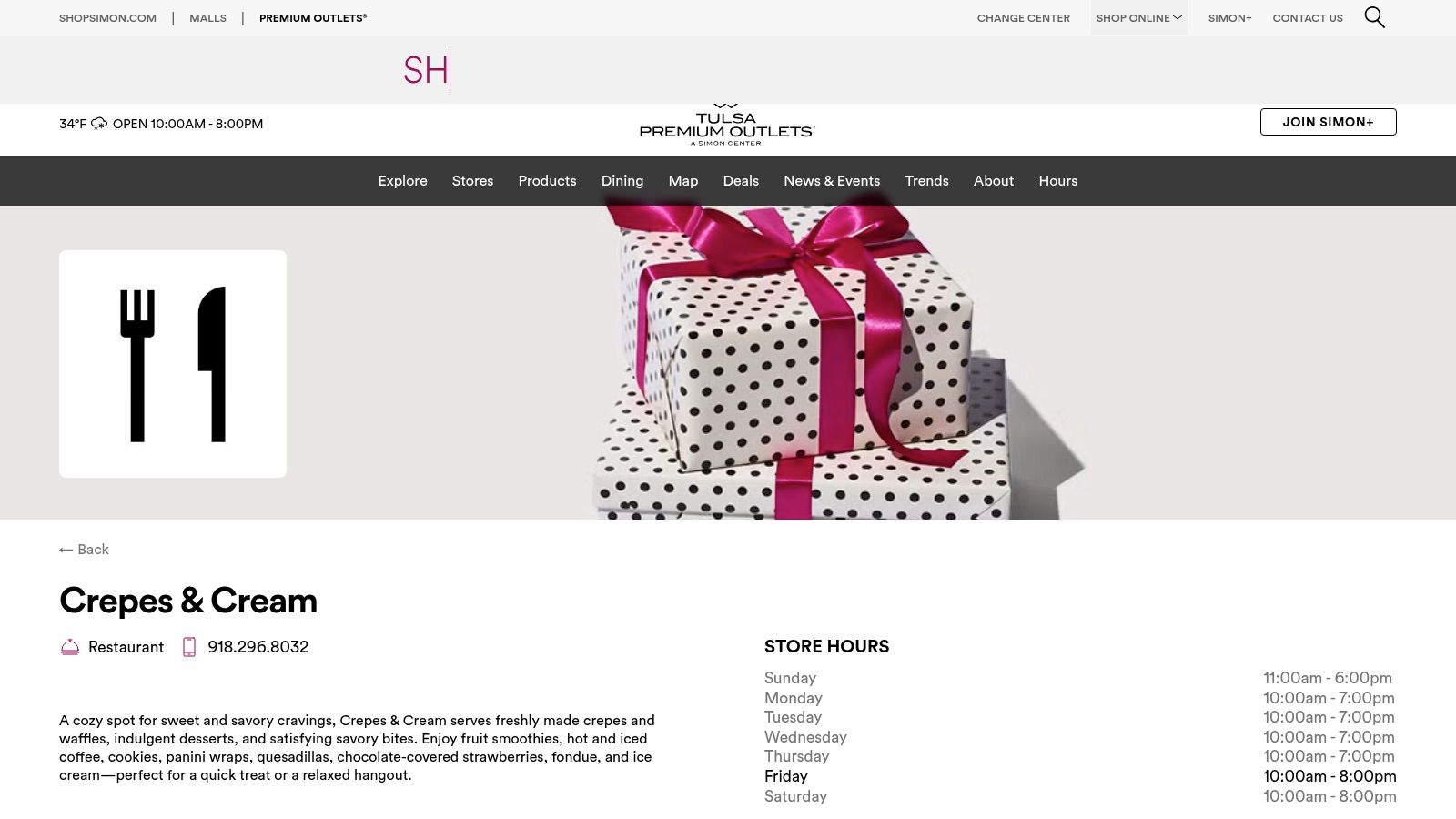 Crepes & Cream — Simon store page (crepes, desserts, coffee)