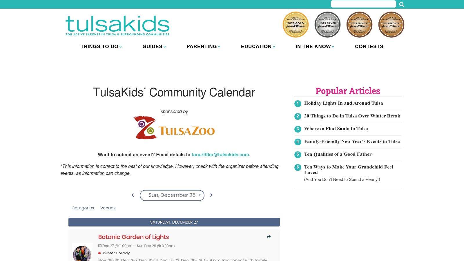 A calendar view on the TulsaKids website, showing a variety of family-friendly events.