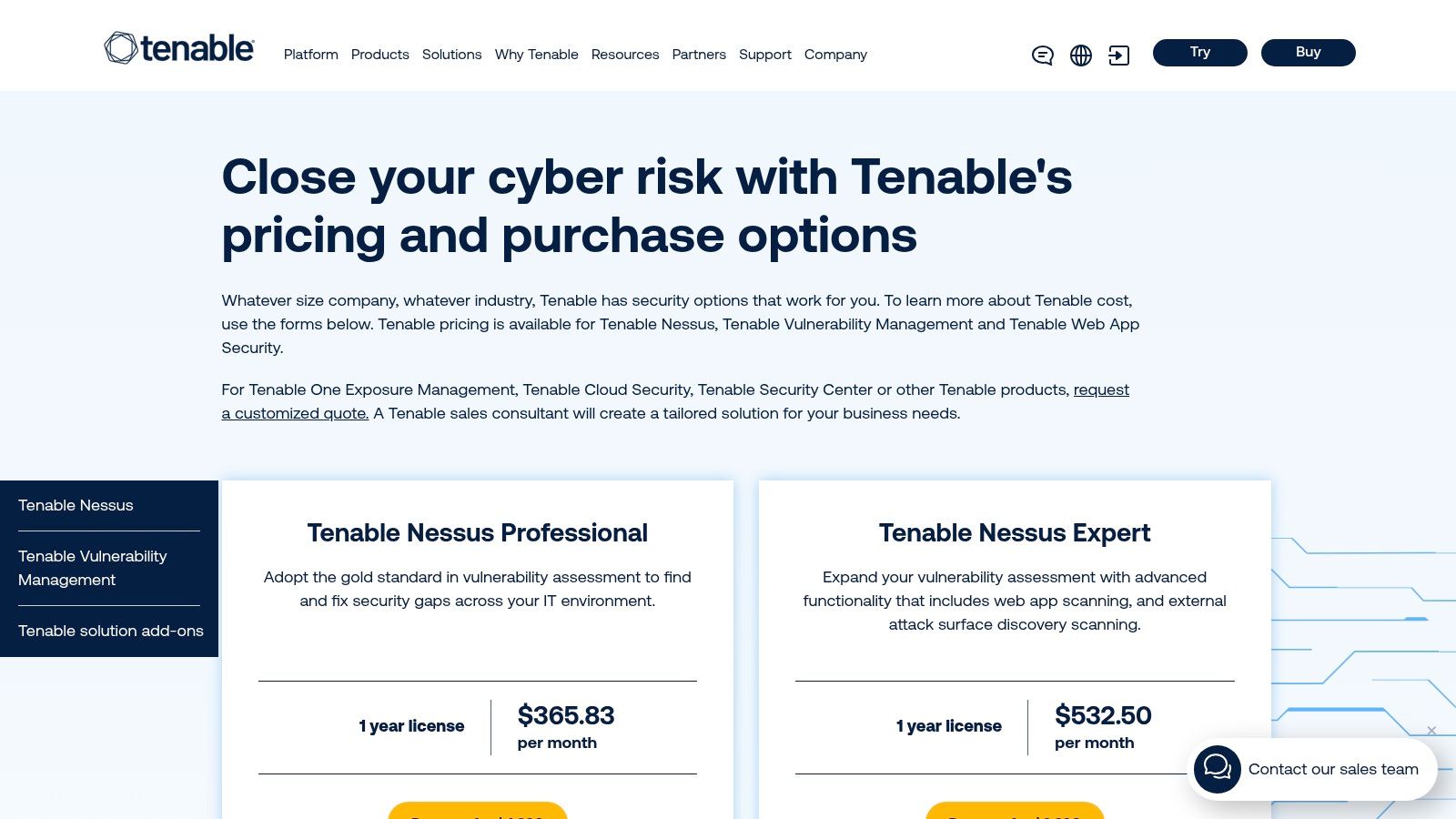 Tenable pricing page for Nessus Professional