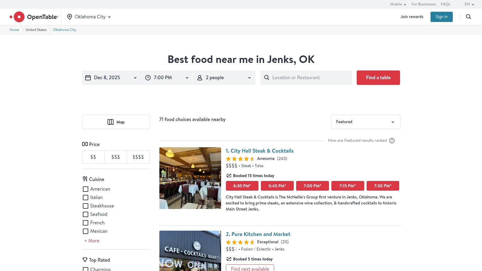 OpenTable (Jenks area)