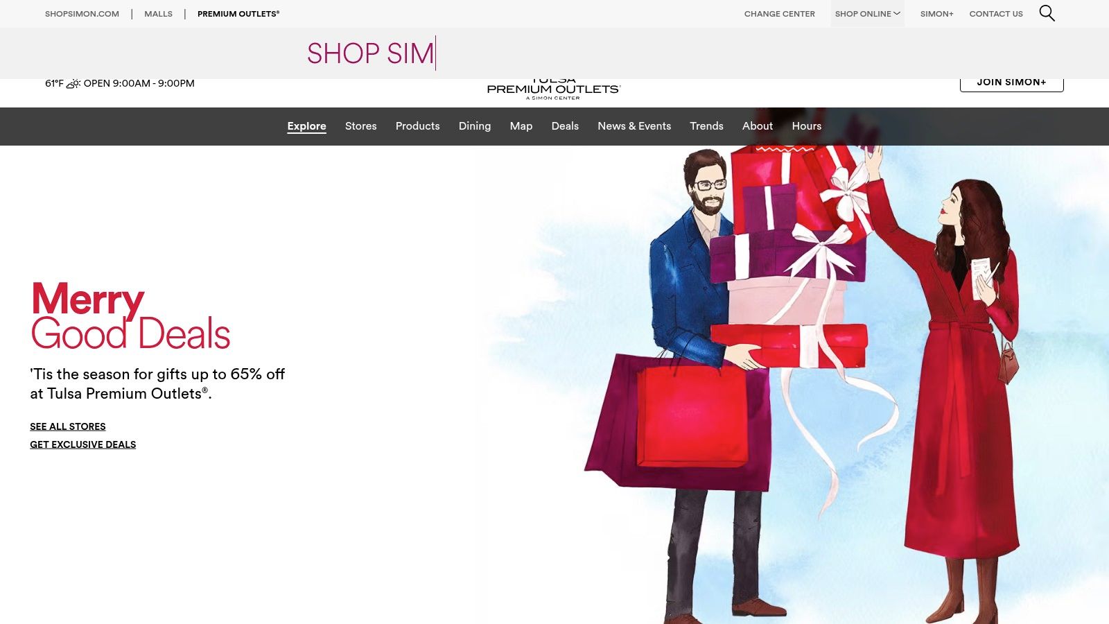 A festive holiday shopping scene at an outdoor outlet mall, decorated with lights and a large Christmas tree, capturing the essence of seasonal bargain hunting.