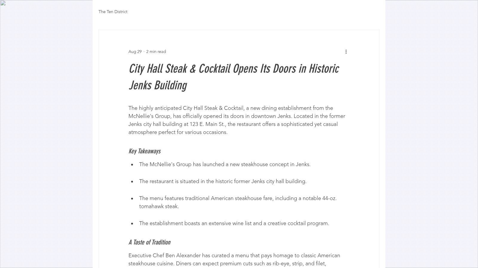 City Hall Steak & Cocktail Opens Its Doors in Historic Jenks Building