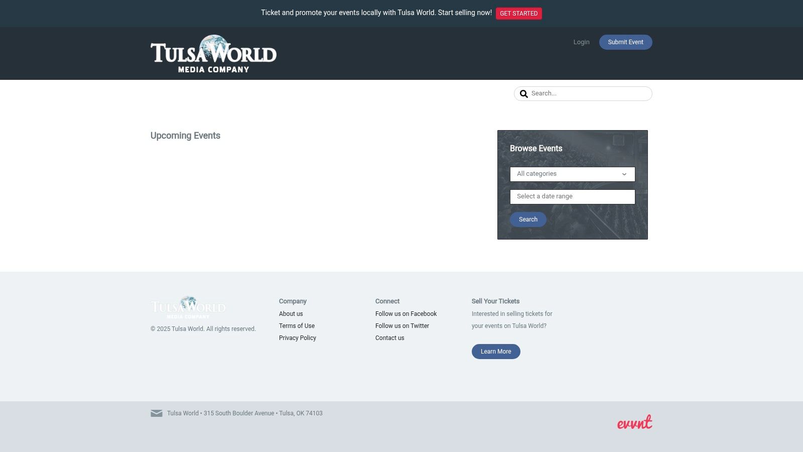 A screenshot of the Tulsa World Events calendar, showing a grid of various community event listings with dates and images.