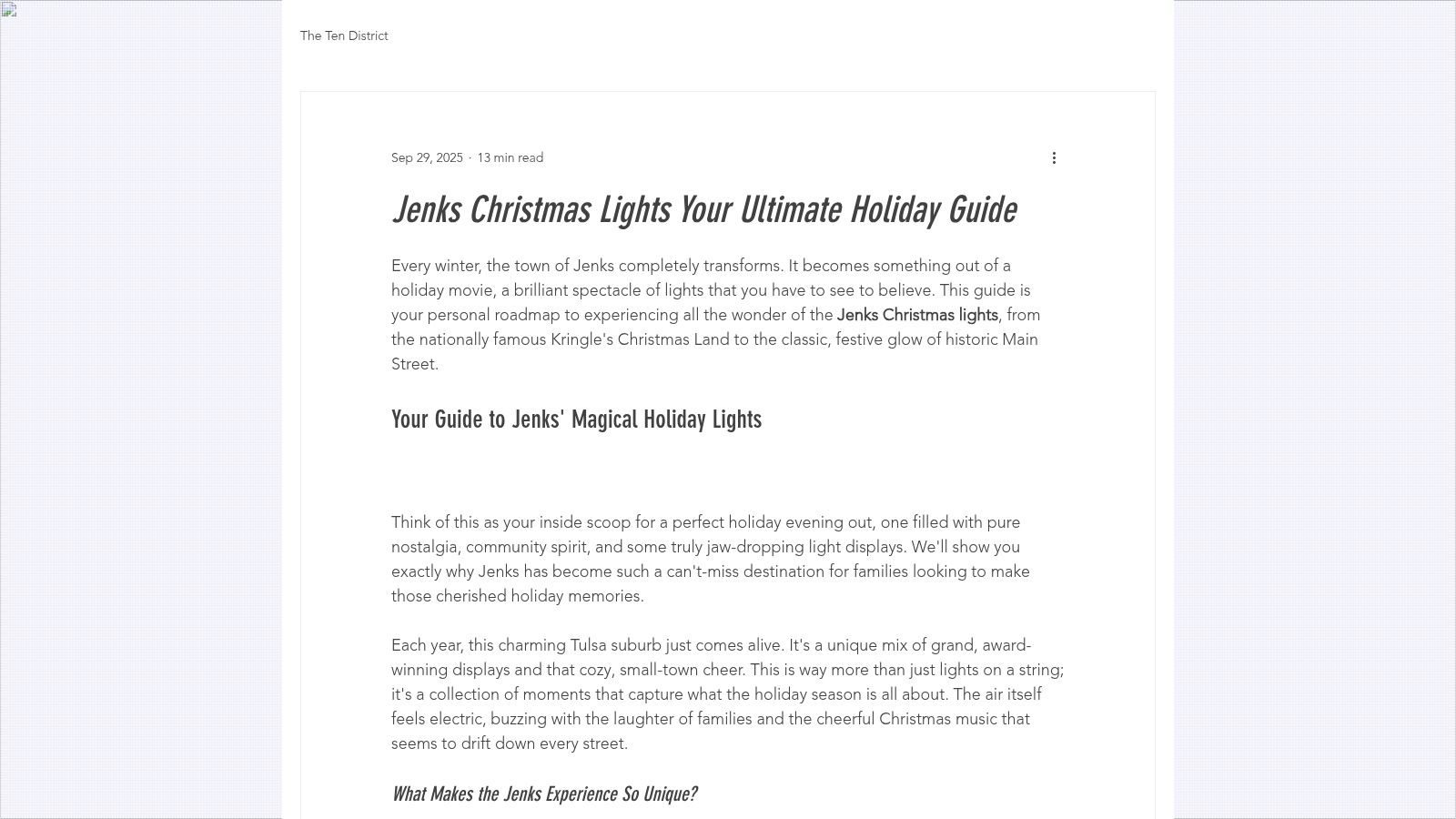 A blog post titled "Jenks Christmas Lights" showing a festive street scene with holiday lights.