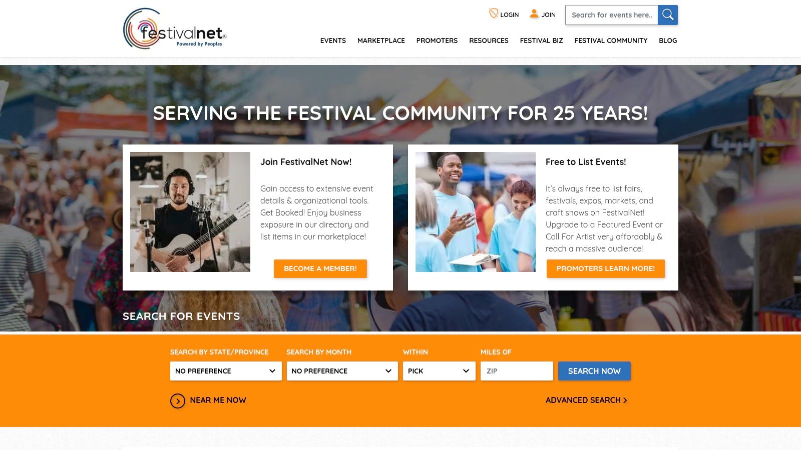 A screenshot of the FestivalNet website homepage, showcasing its directory of art fairs and craft shows.