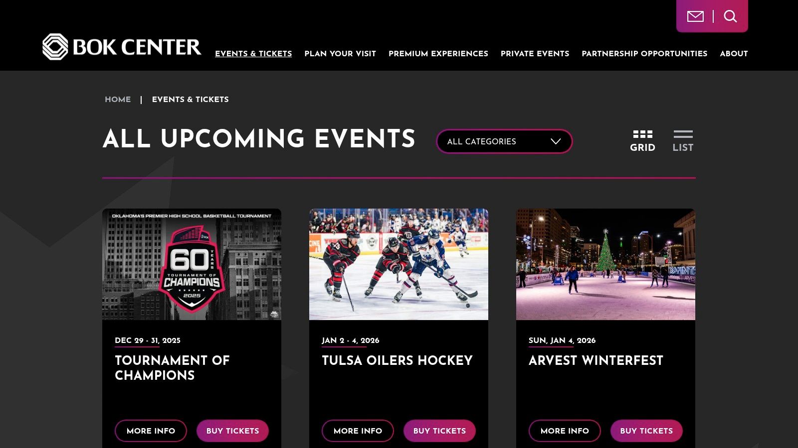 The official BOK Center website showing a list of upcoming concerts and events.