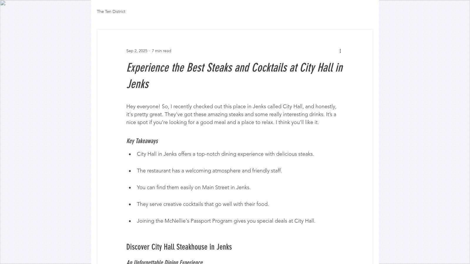 City Hall: Upscale Steaks and Craft Cocktails in The Ten District