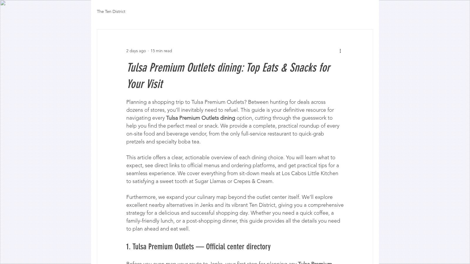 A webpage showcasing dining options near the Tulsa Premium Outlets, with images of food and restaurant logos.