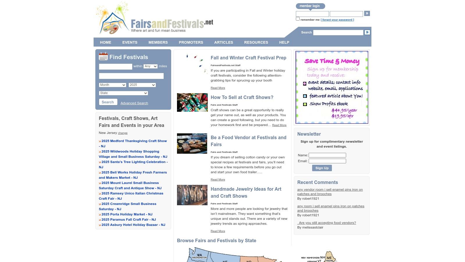 A screenshot of the FairsandFestivals.net website, showing a clean interface with search filters for finding local fairs.