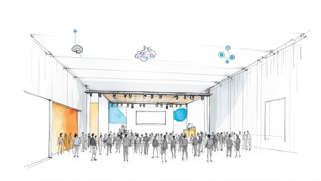 Conference hall sketch showing large crowd viewing presentation screen with event branding overhead