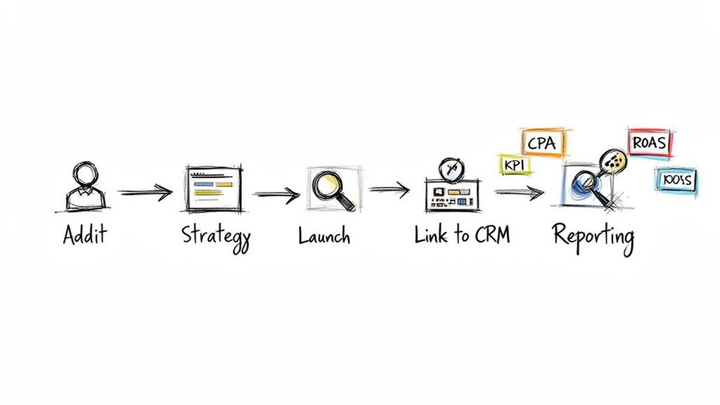 Hand-drawn workflow for an advertising campaign, covering audit, strategy, launch, CRM, and reporting.