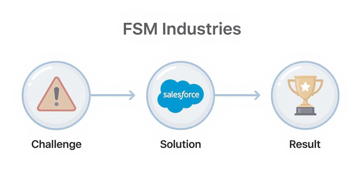 Visualizing how FSM Industries overcomes challenges with Salesforce, achieving successful results.