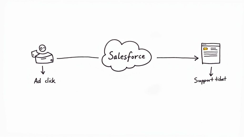 Diagram illustrating an ad click flowing through Salesforce to generate a support ticket.