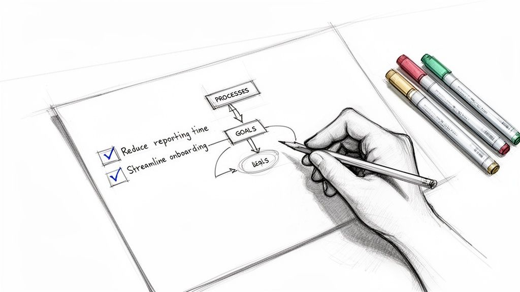 A hand sketches a business diagram showing processes, goals, and a checklist to reduce reporting time and streamline onboarding.